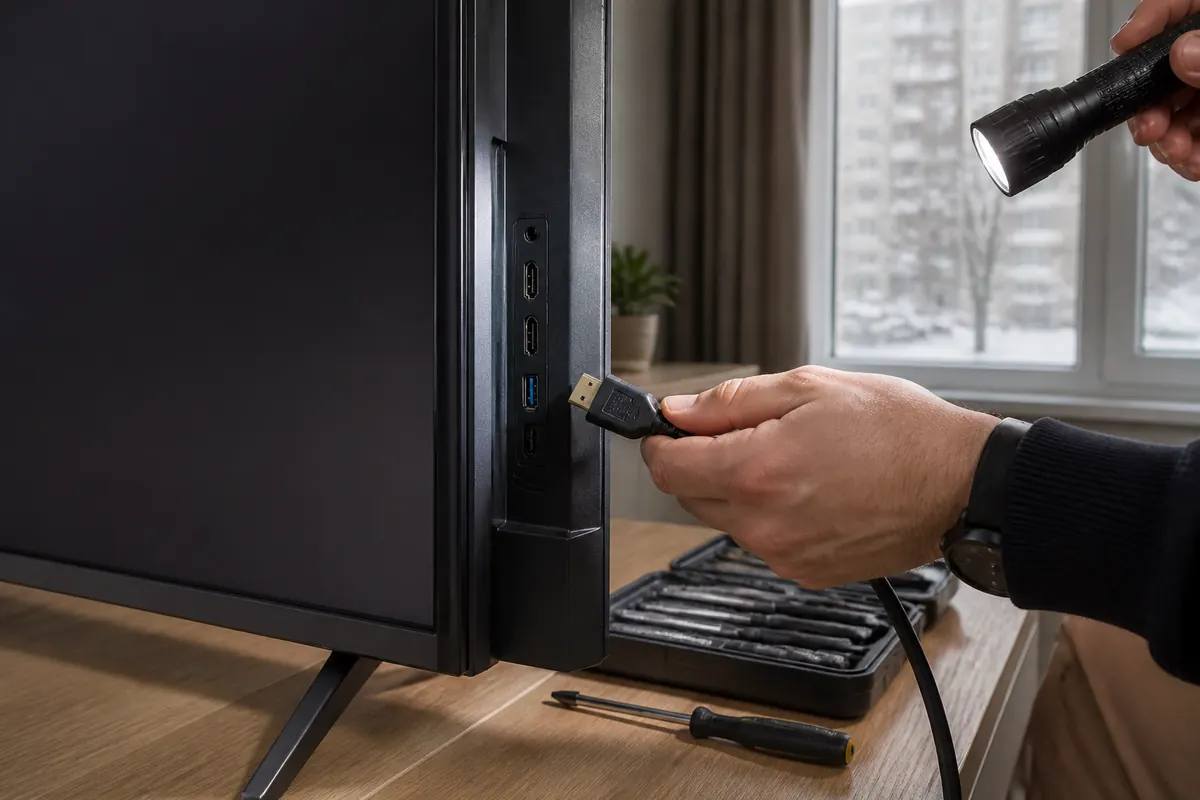 Мастер вставляет кабель HDMI в разъём на боковой панели телевизора и светит фонариком