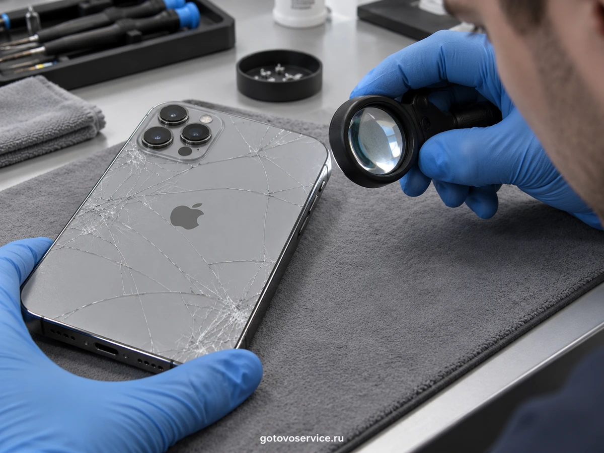 Осмотр повреждённой задней панели и рамки iPhone